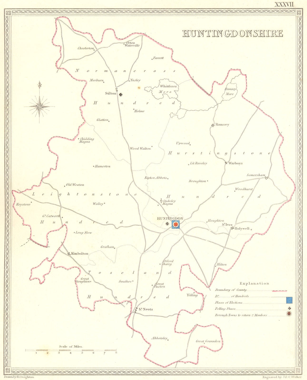 HUNTS. Huntingdonshire. Creighton Walker 1835 old antique map plan chart